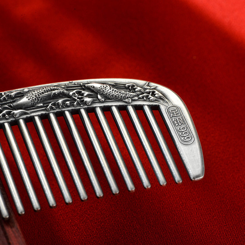 倾城银楼 纯银梳子999足银手工发梳刮痧保健银梳发饰礼品一件代发