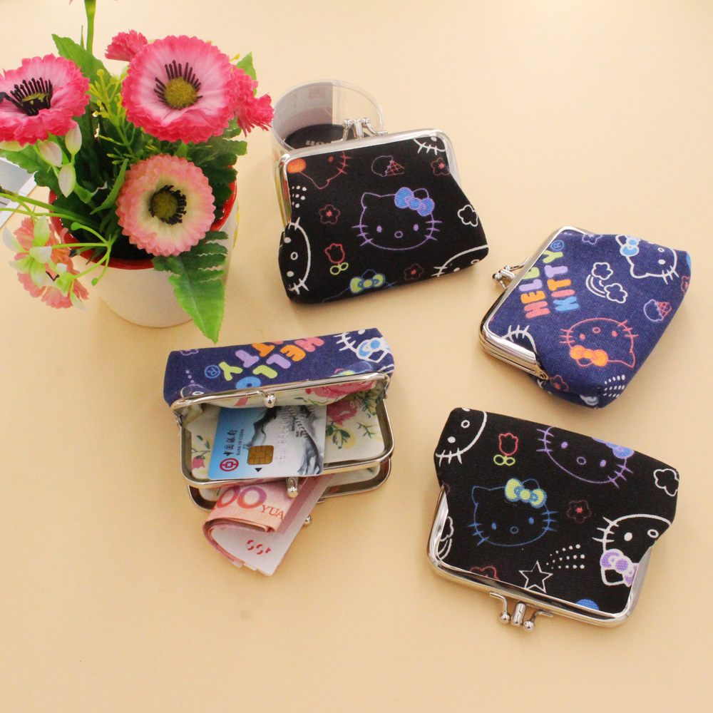 新款 双层短款小钱包 卡通kt口金包 布艺女士印花帆布零钱包 批发