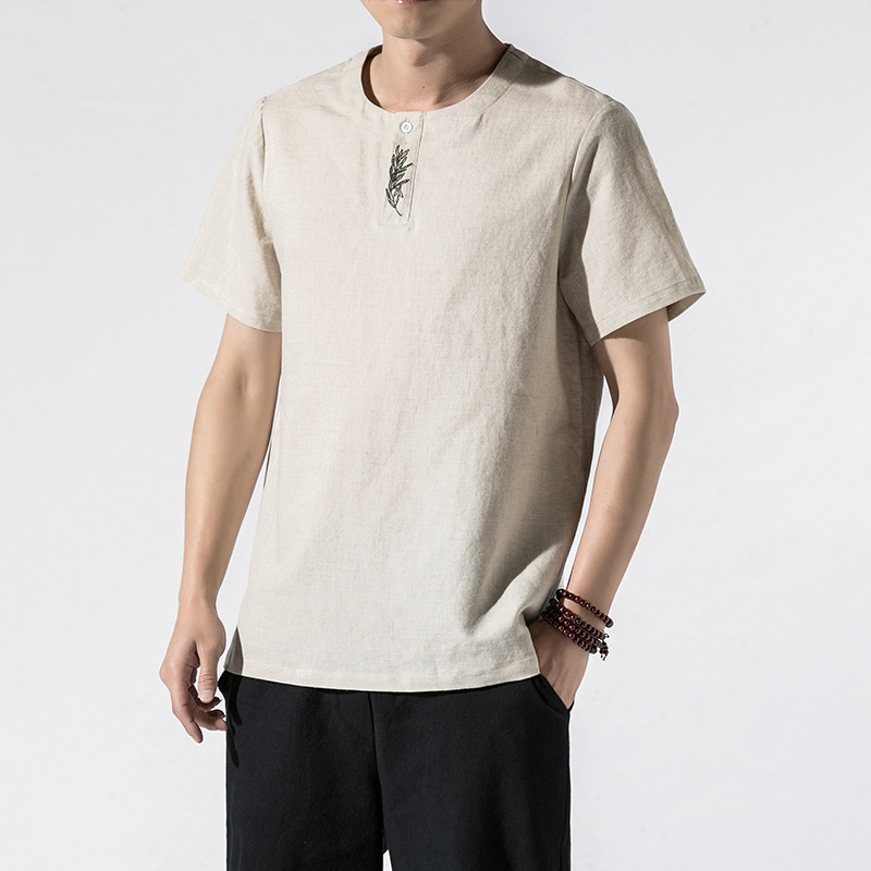 4088-k27夏季中国风男装短袖棉麻t恤宽松大码刺绣麻布亚麻上衣服