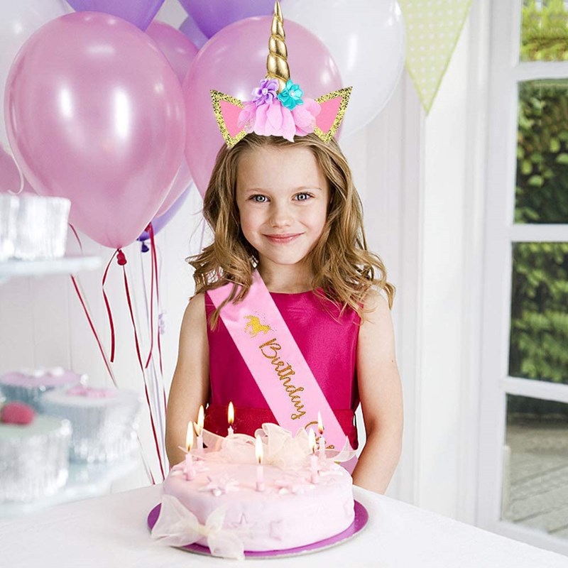 欧美儿童独角兽发头箍birthday girl生日派对肩带迎宾带礼仪带