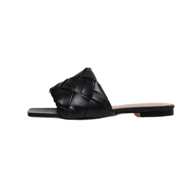 热销bv小方头编织休闲凉拖鞋20夏新款方头纯色平底高跟女士凉鞋女