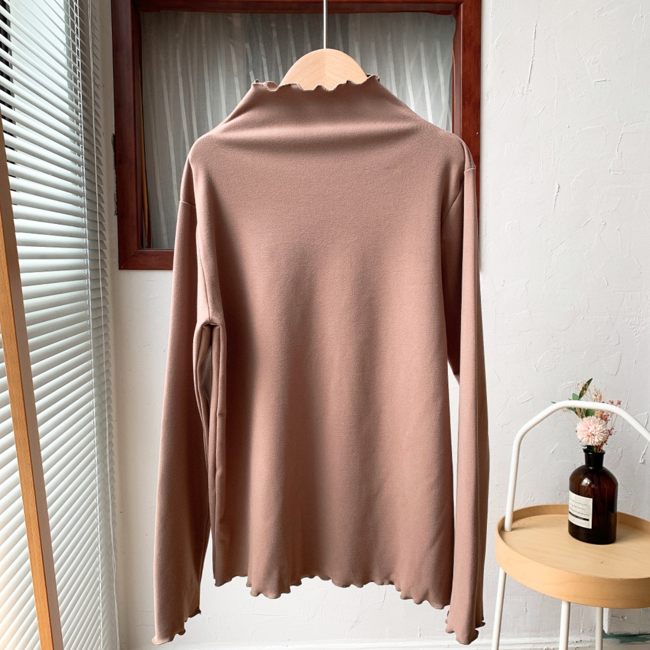 2023 Autumn and Winter New Bottoming Shirt Women's Wooden Ear Half-High Collar Long Sleeves Solid Color Inner Wear Slim Fit Warm Dralon Top