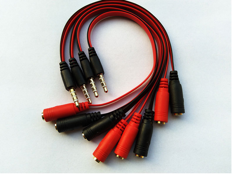 一分二音频线手机直播3.5mm耳机线aux耳麦二合一黑红面条转接线