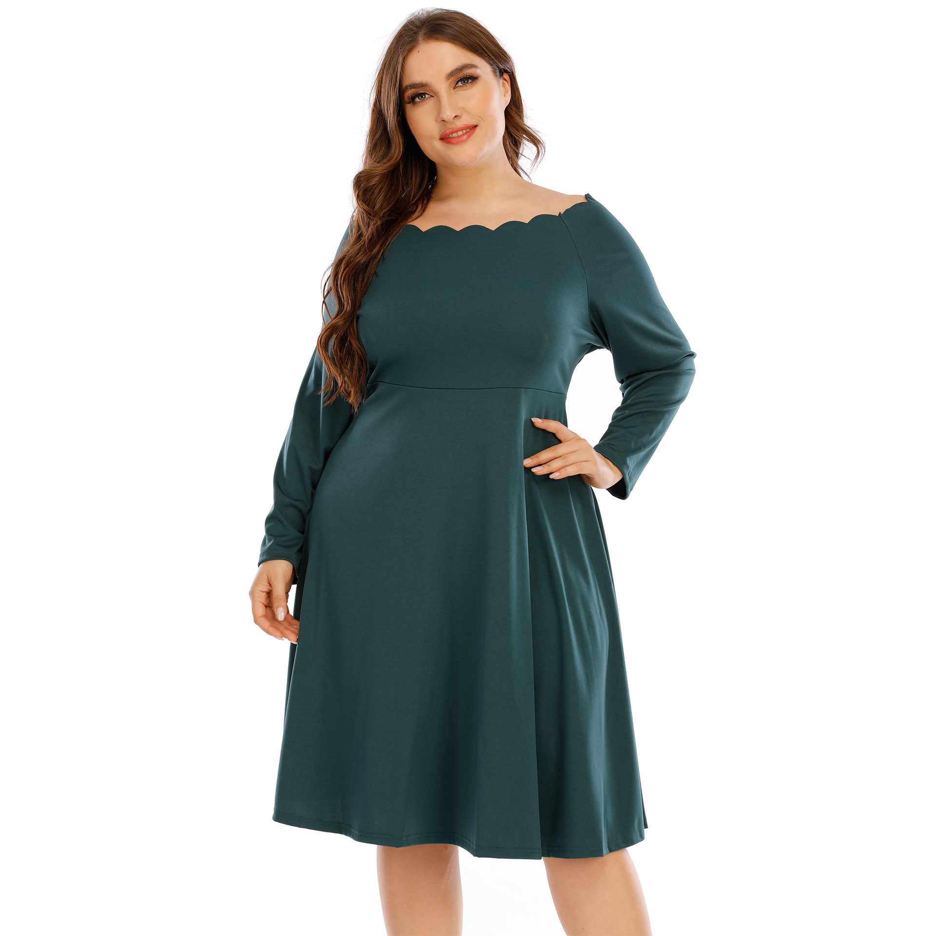 跨境大码女装烧花波浪边纯色一字领休闲简约长袖大摆连衣裙190735