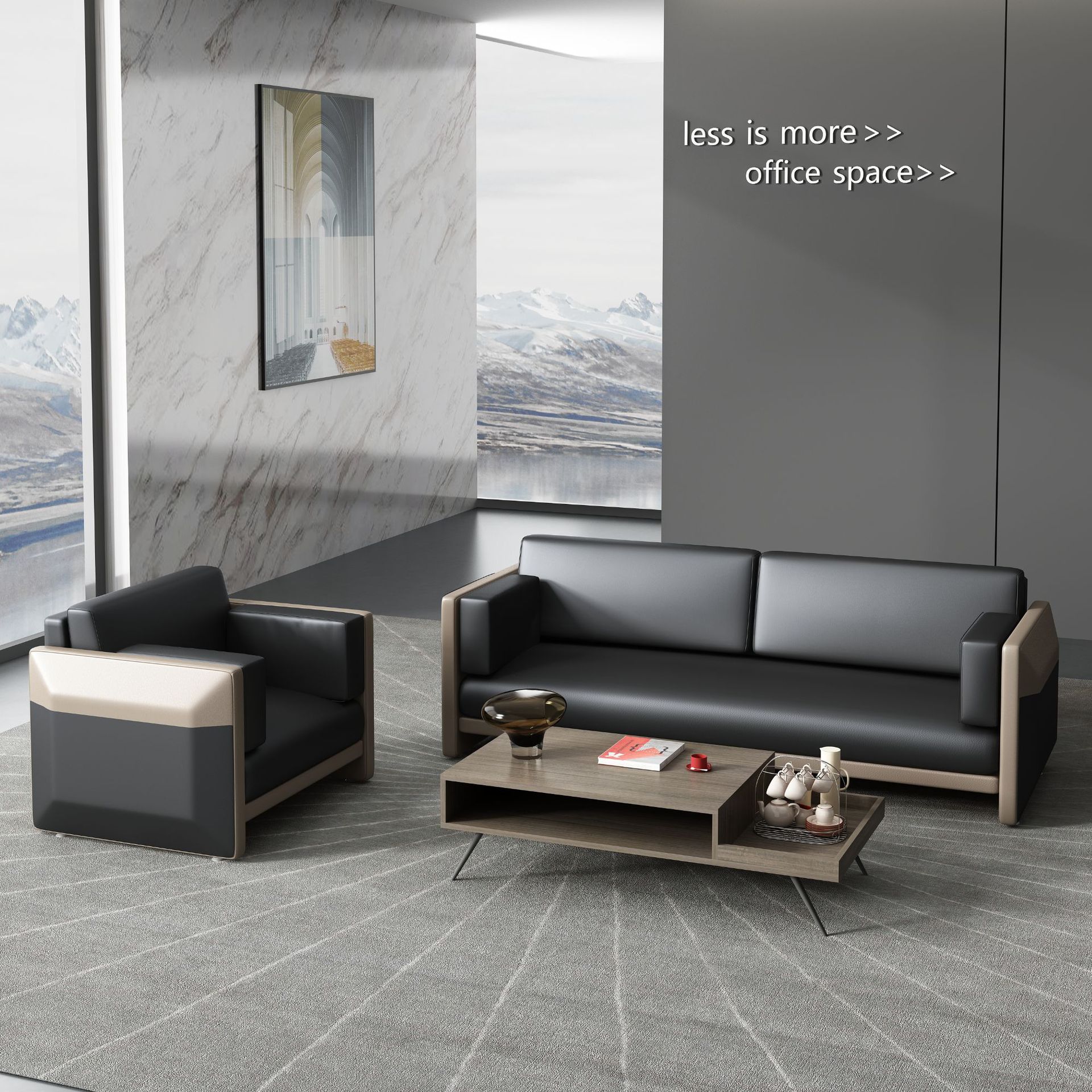 办公室真皮沙发简约现代商务洽谈 沙发经济型套装会议室茶几组合