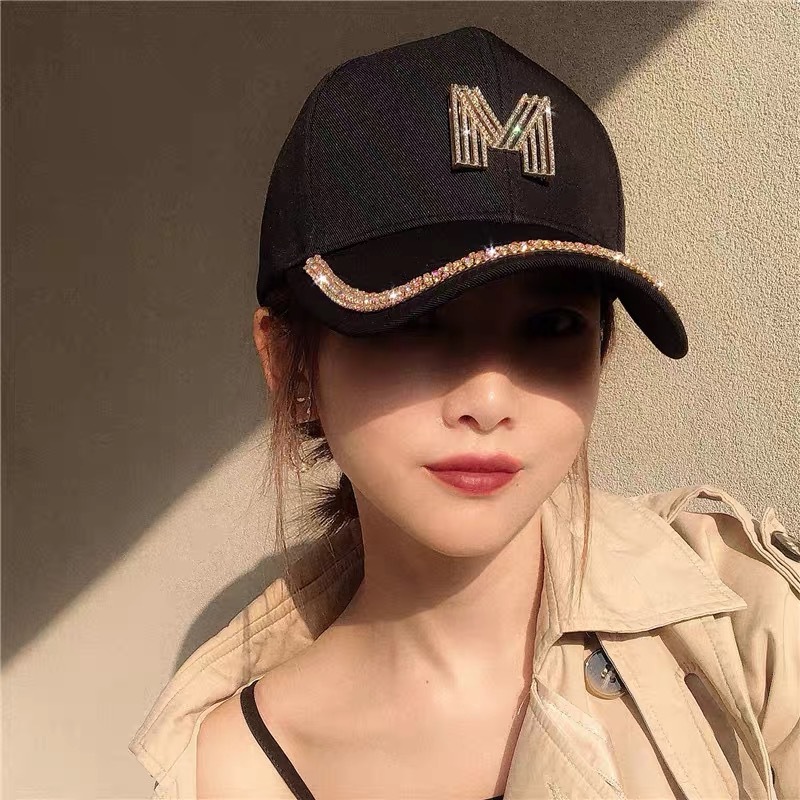 Hat Female Korean Internet Celebrity Peaked Cap Ins Fashion Brand Spring and Summer Casual M Letter Rhinestone Sunshade Baseball Cap