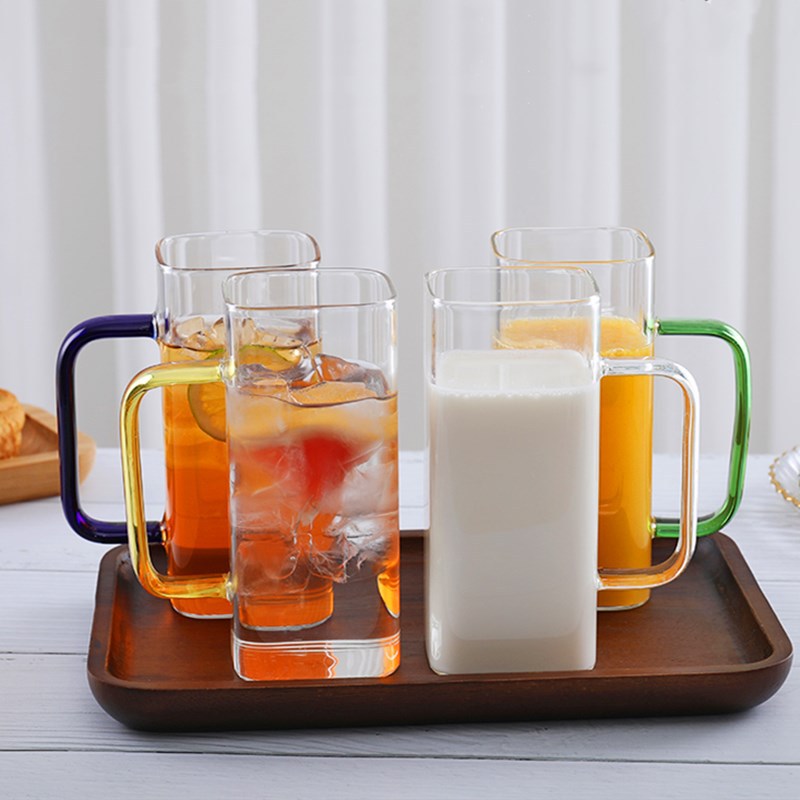 Square Glass Cup with Color Handle Milk Juice Cup Transparent Simple Household Cup Borosilicate Glass Water Cup