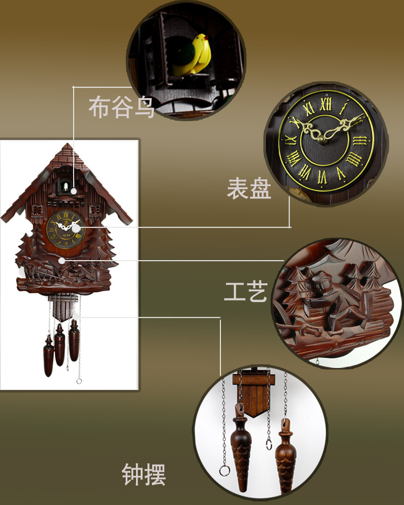 实木咕咕钟 欧式创意摇摆木头钟 布谷鸟挂钟木质复古客厅墙钟报时