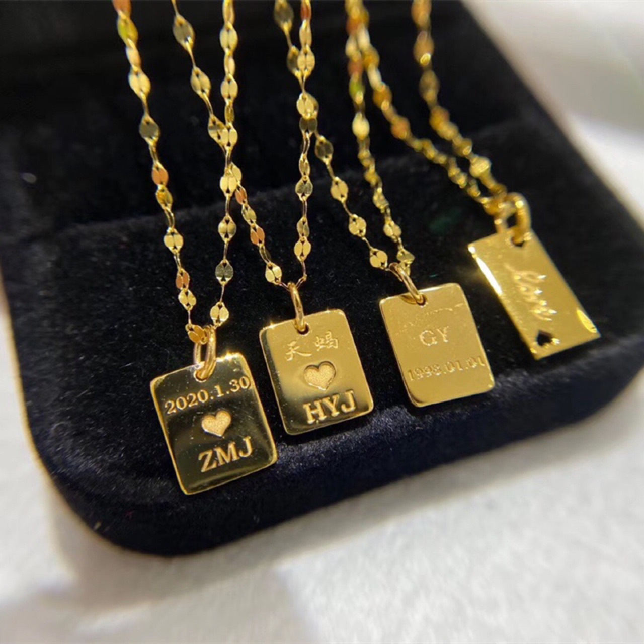 18k金方牌吊坠女水贝直销au750金色定制刻字款几何小方牌项链