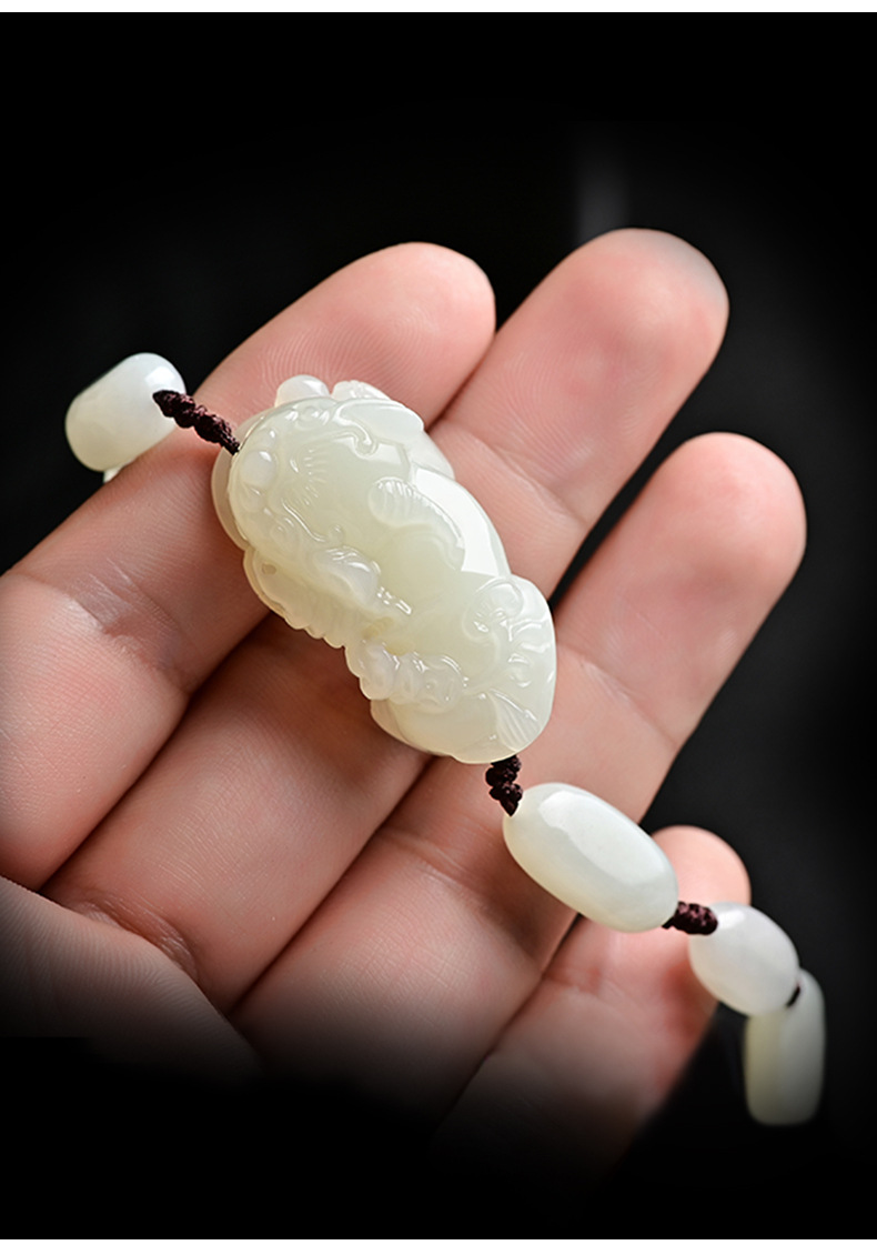 和田玉白玉貔貅手链男女金钱如意貔貅玉石手串手饰珠链