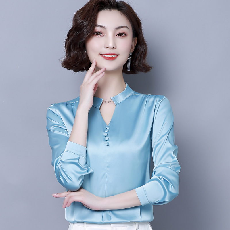 真丝长袖上衣女装新款秋装妈妈气质缎面打底t恤桑蚕丝大码小衫潮