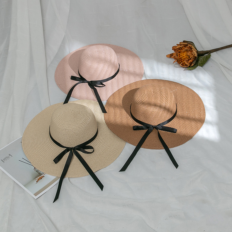 Summer Beach European and American Style Big Brim Bow Ribbon Women's Straw Hat Travel Vacation Foldable Beach Hat for Women