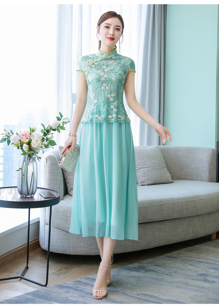 大摆绣花复古长款中国风旗袍式连衣裙(货号 mz6219)