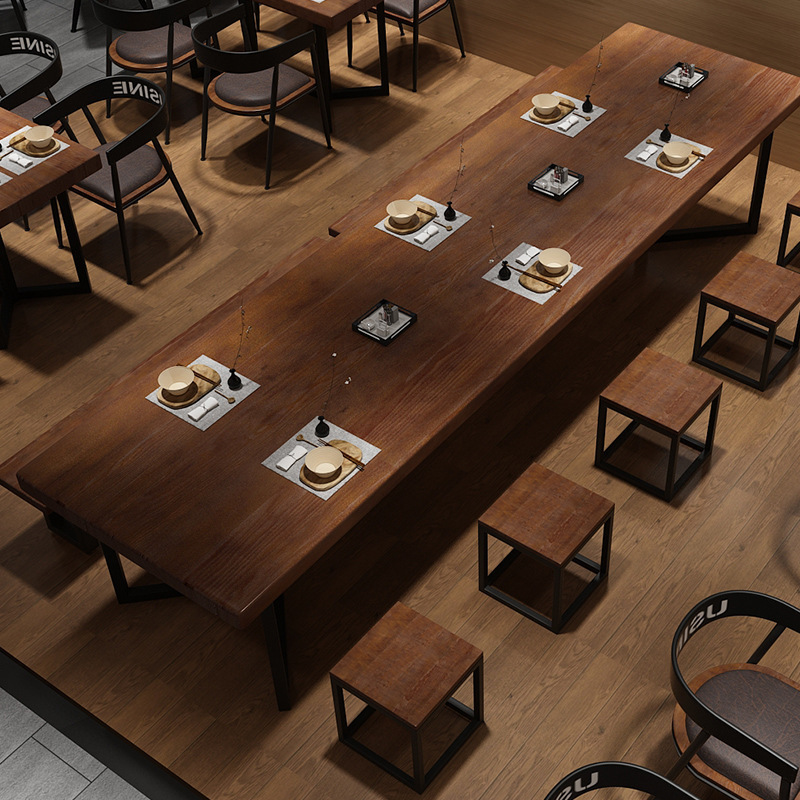 工业风大型饭店餐桌椅组合实木长方形铁艺面馆酒店商用团建长条桌
