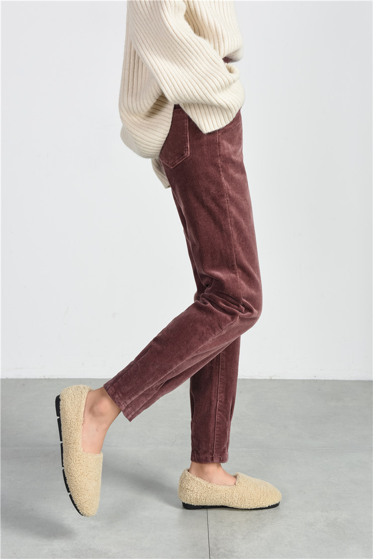 弹力松紧腰灯芯绒女裤加绒加厚老爹裤条绒长裤大码胖mm休闲j-3203
