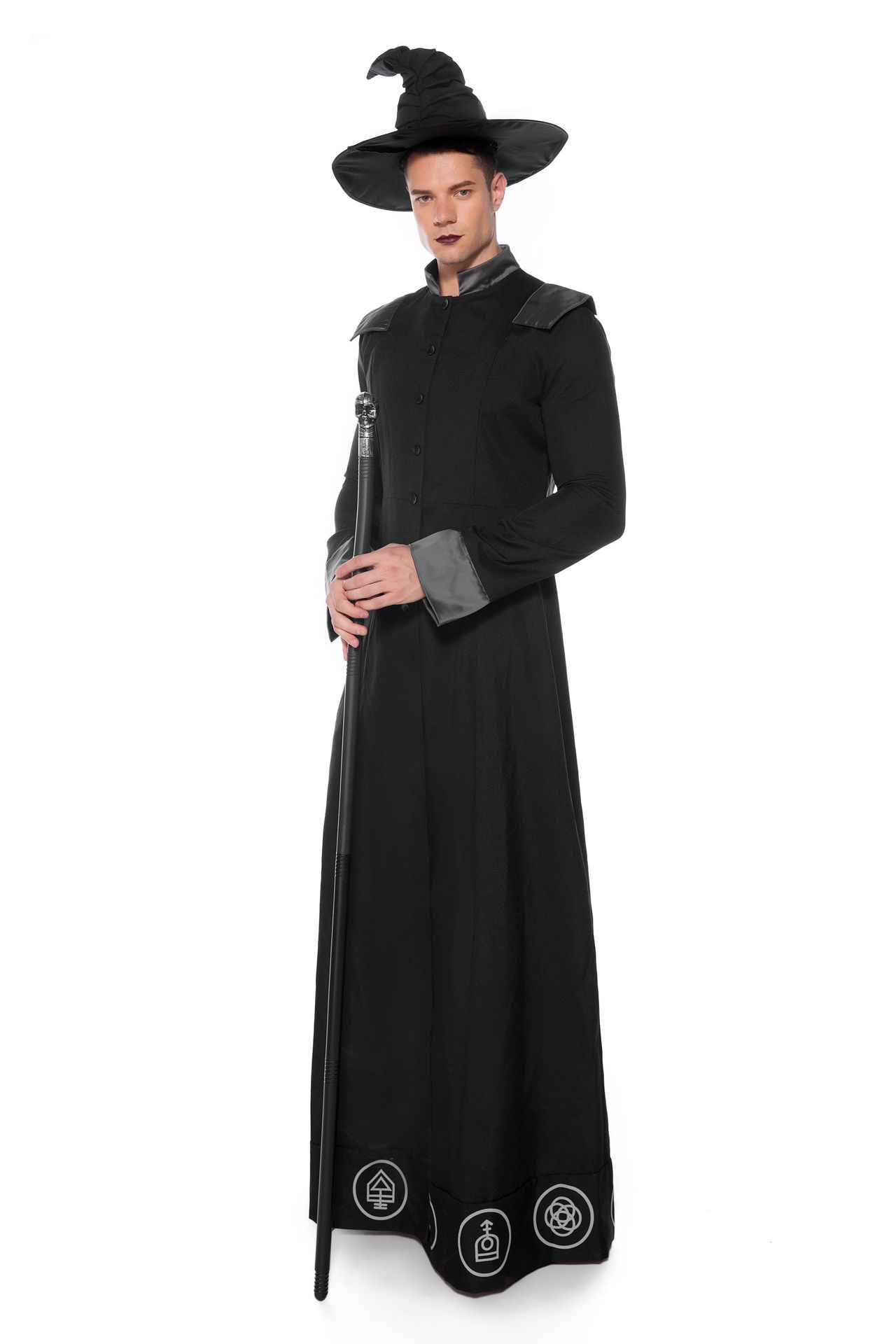 万圣狂欢派对 长袍魔法师扮演 黑色男巫师装学者演出服 舞台表演