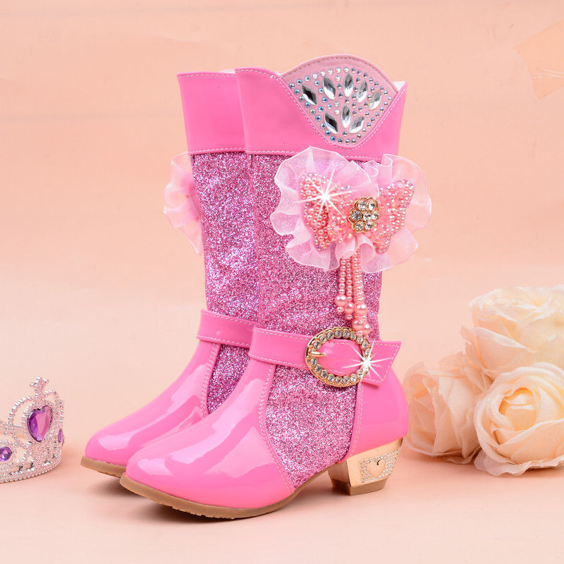 2021新款女童靴子高跟公主长靴加绒韩版蝴蝶结中大儿童蕾丝水钻潮