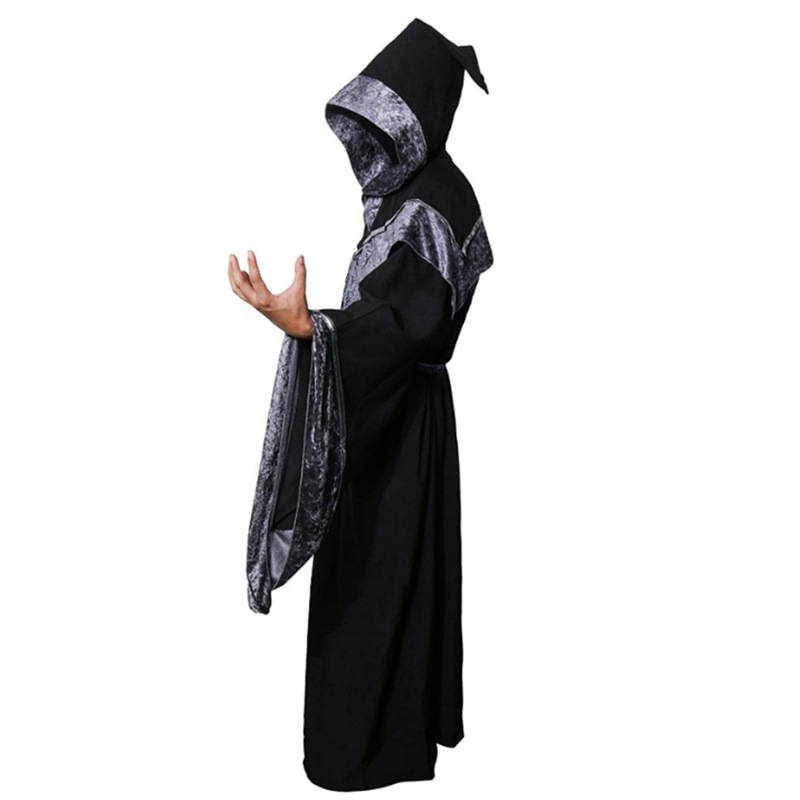 新品春秋款成人男式深色神秘巫师长袍万圣节cosplay服装带帽斗篷