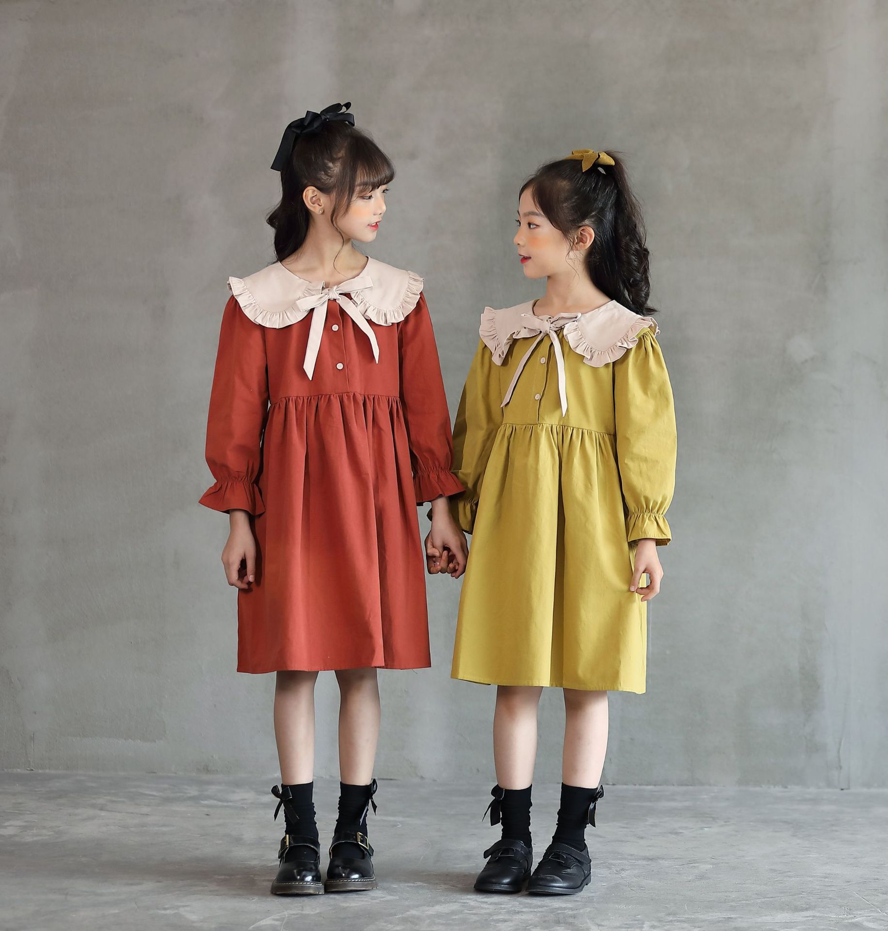 童装2020秋装新女童连衣裙韩版中大童亲子森系复古娃娃领荷叶边裙