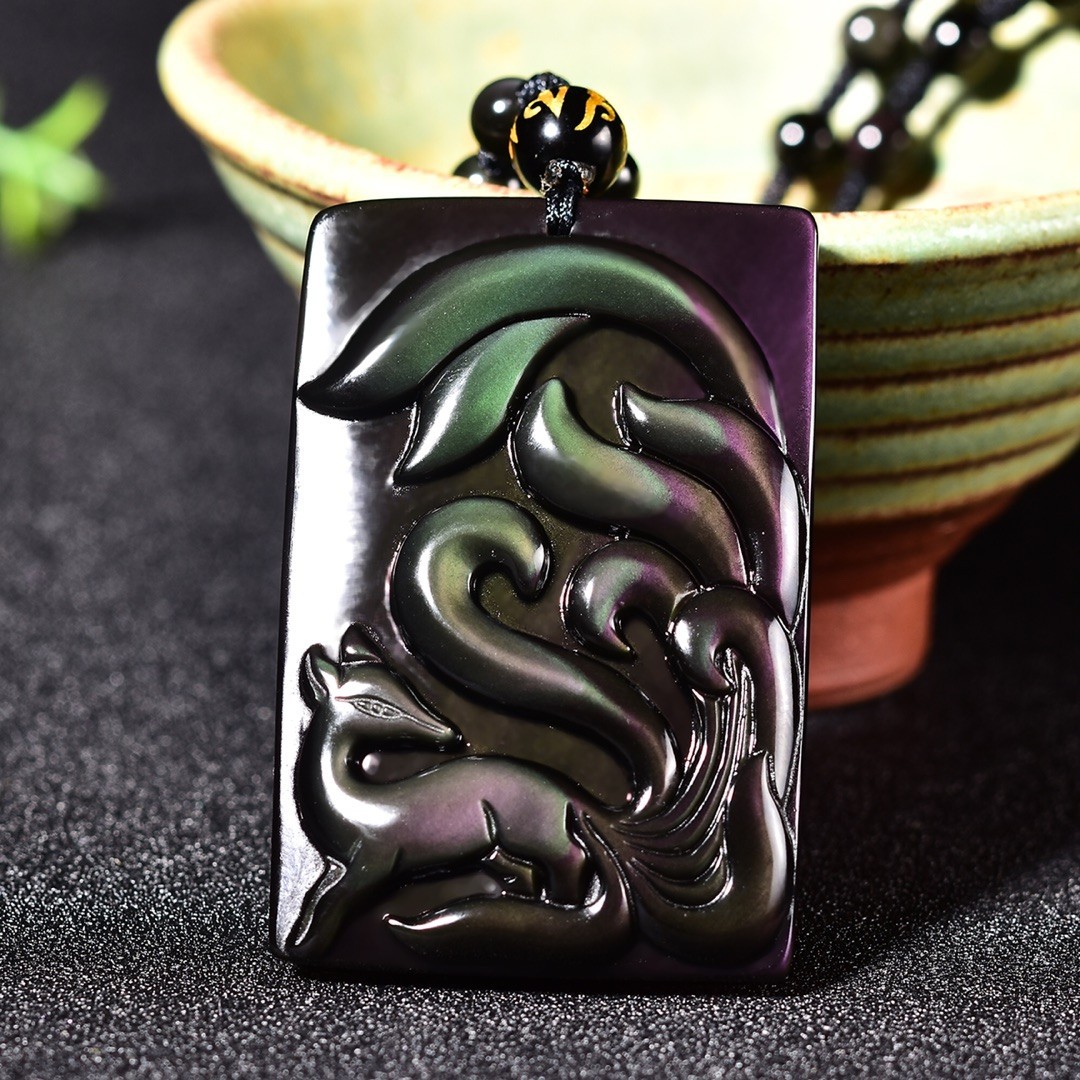 墨西哥天然彩虹眼黑曜石九尾狐吊坠方牌彩曜石狐狸情侣吊牌挂坠