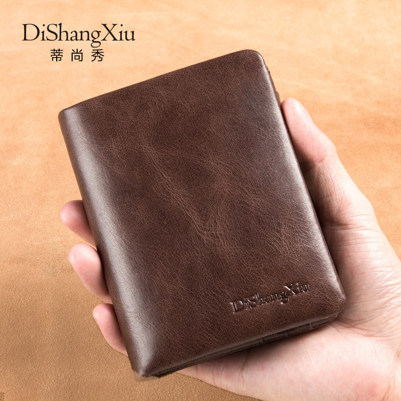Wallet Factory Direct Sales Large Capacity Leisure Leather Wallet for Man Oil Wax Leather Men Tri-Fold Bag One Piece Dropshipping