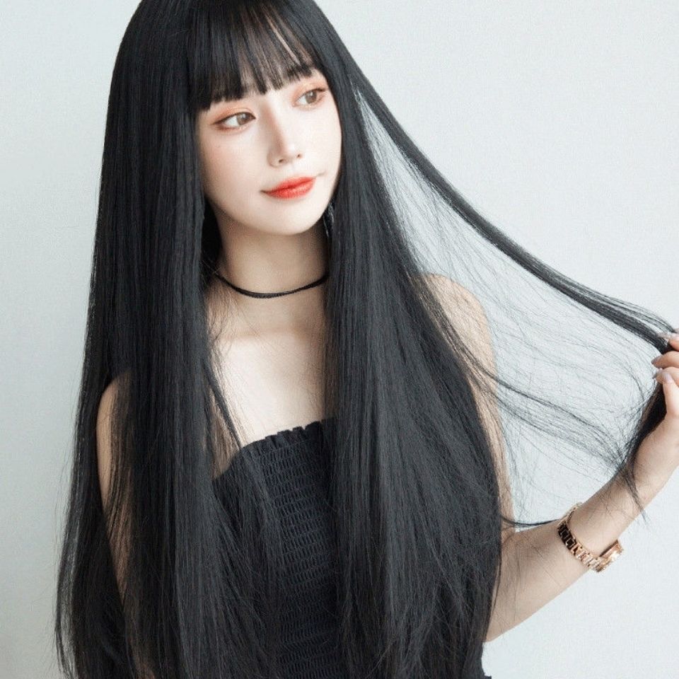 假发女黑长发软妹逼真自然全头套米白金网红空气刘海气质修脸长发