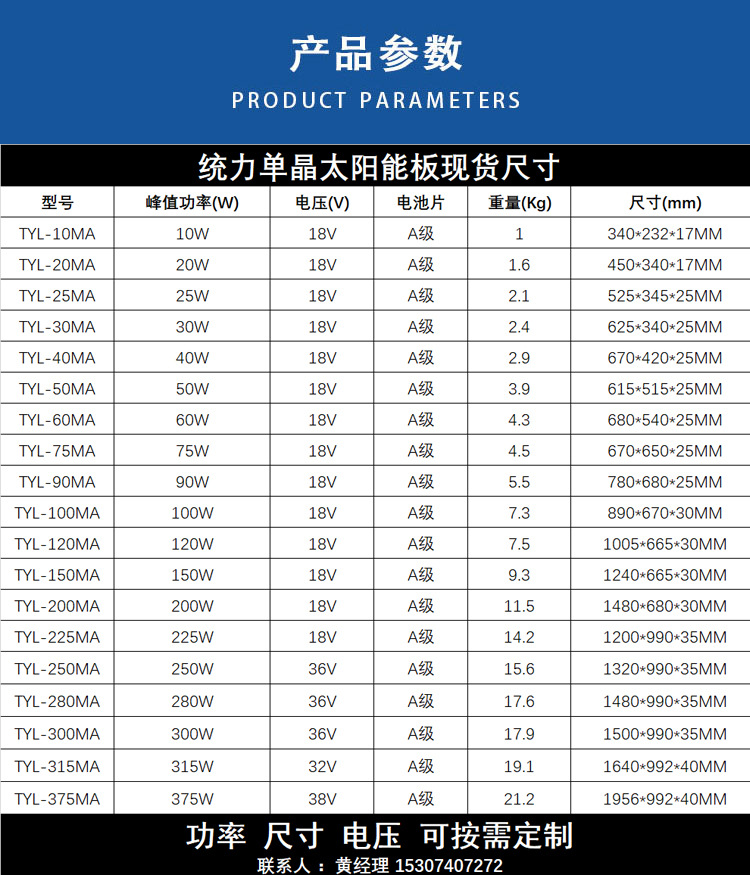 定制单晶硅太阳能板50w光伏板组件户外电瓶充电电动车充电a级
