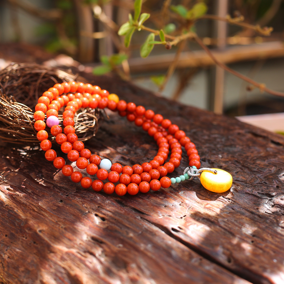 天然川料满肉柿子红南红手链108颗南红佛珠四圈红色吉祥手串