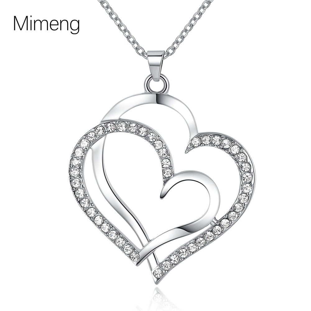 外贸欧美满钻双心女士项链 韩版相依相靠双桃心项链女生礼物diy饰