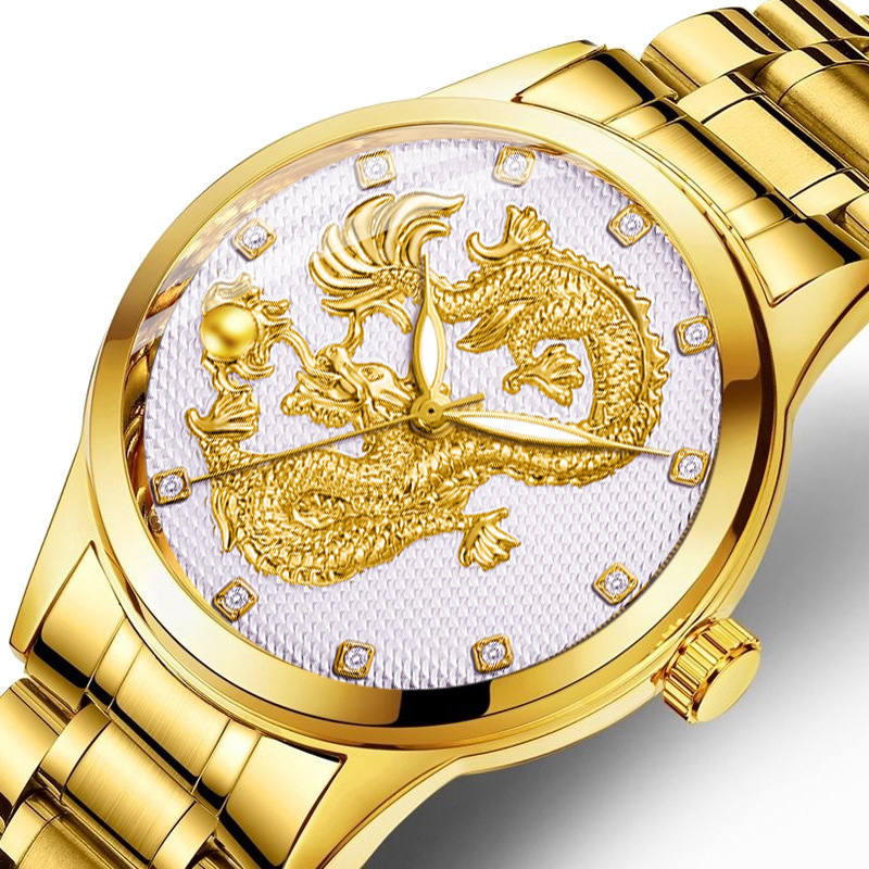 高档中国龙浮雕钢带手表 男士防水夜光针石英表man watch一件代发