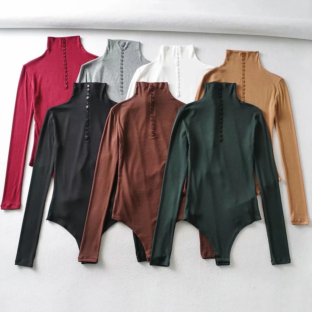 秋冬季半高领长袖连体衣ins欧美风女装单排扣紧身开档连体裤