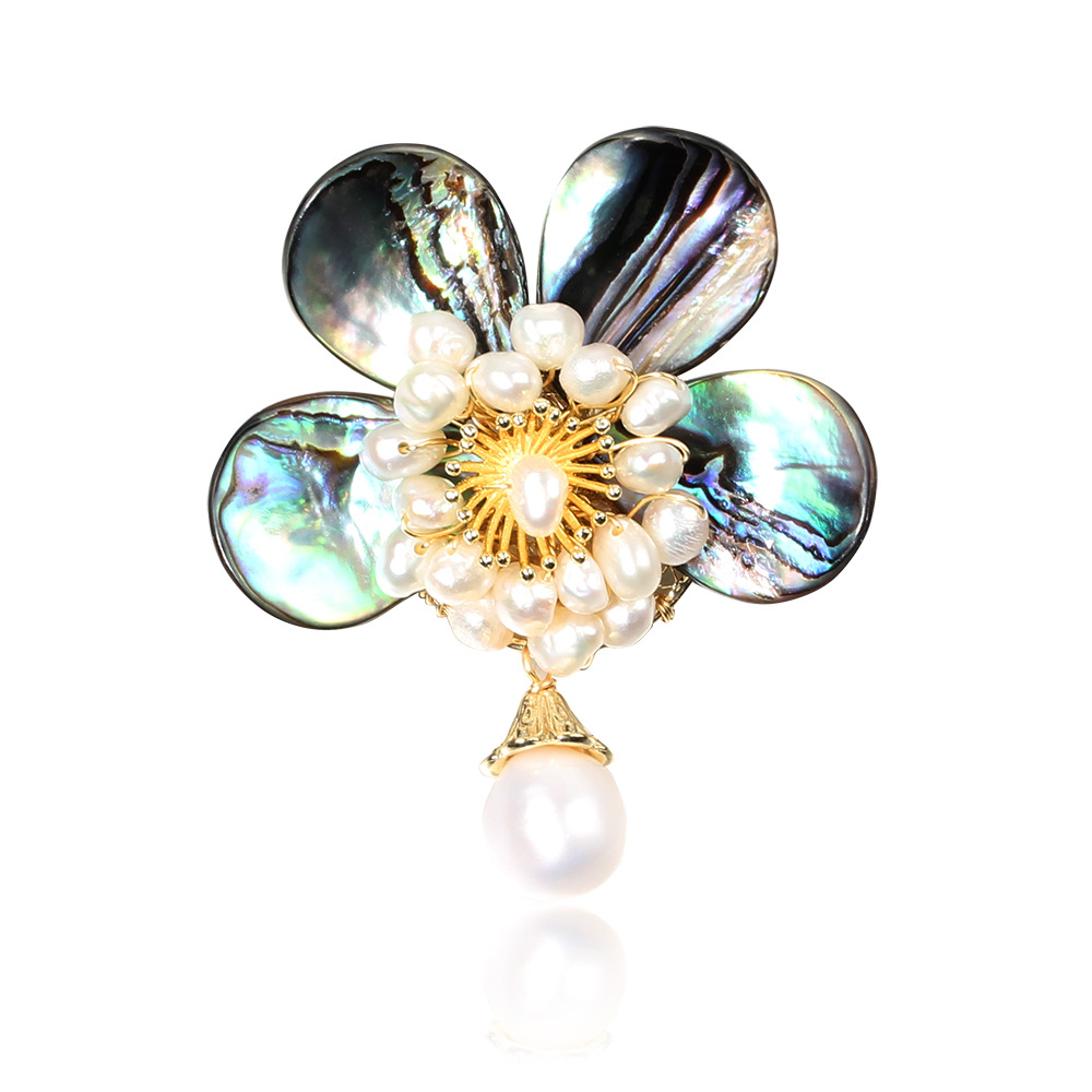 太阳云 复古百搭天然珍珠蝴蝶流苏胸针高档鲍鱼贝胸花女款 礼物