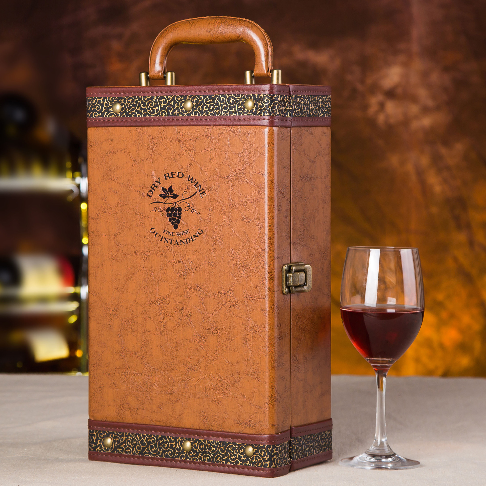 通用葡萄酒包装盒复古葡萄酒包装盒双只装红酒礼盒棕色双支红酒盒