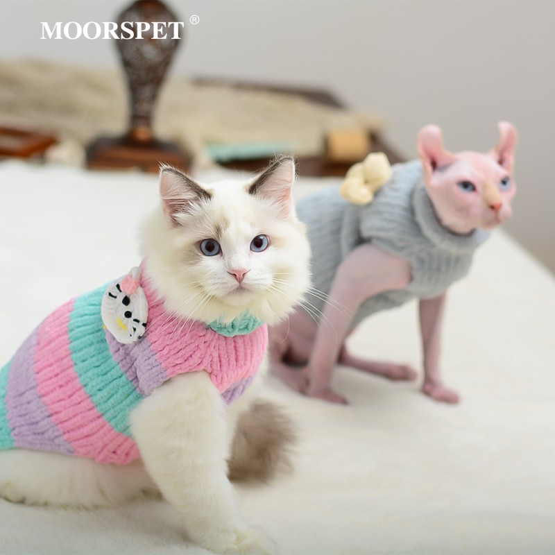 moorspet无毛猫衣服斯芬克斯猫咪保暖背心 手工编织宠物猫猫毛衣