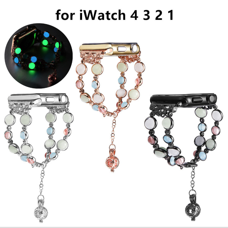 适用苹果夜光珠表带apple watch5发光珠宝腕带iwatch 1234代金属