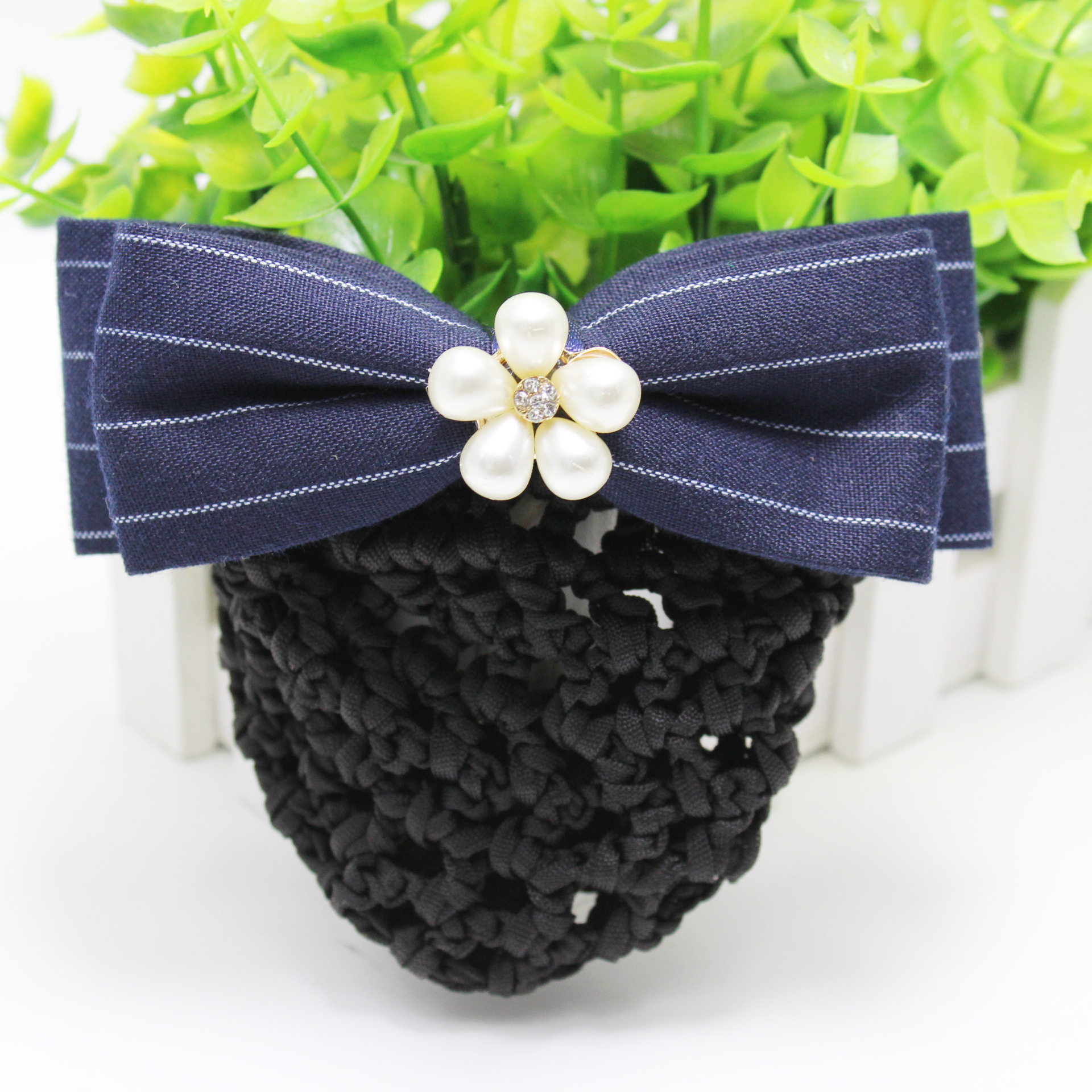 镶珍珠水钻防滑发夹 加密粗网兜职业头花双层蝴蝶结发饰 发卡批发