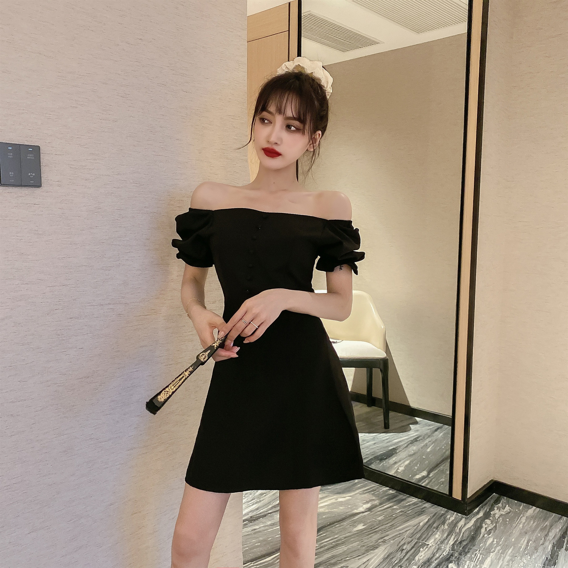 299464女装夜店性感一字领低胸露肩修身a字裙打底短裙短袖连衣裙