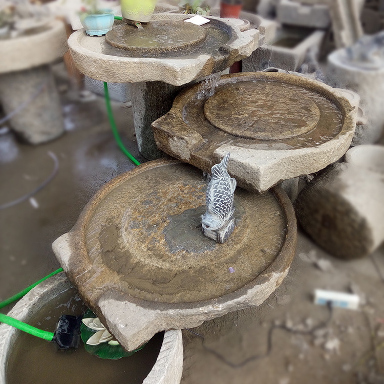 老石槽磨盘水景石雕流水旧石器别墅花园旧石器石磨组合流水摆件