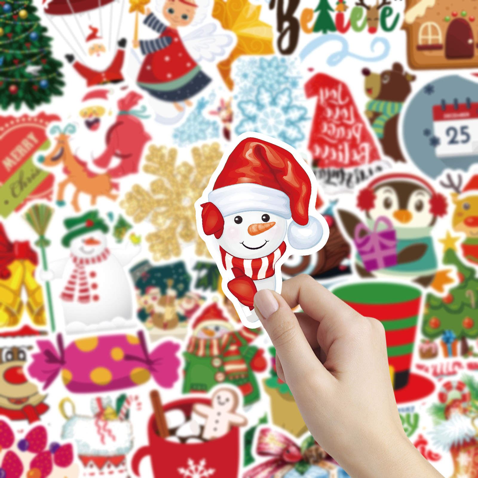80张圣诞节可爱雪人圣诞老人树驯鹿红袜子花圈涂鸦贴纸行李箱冰箱