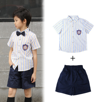 英伦风幼儿园园服夏装儿童条纹衬衫套装中小学生班服校服