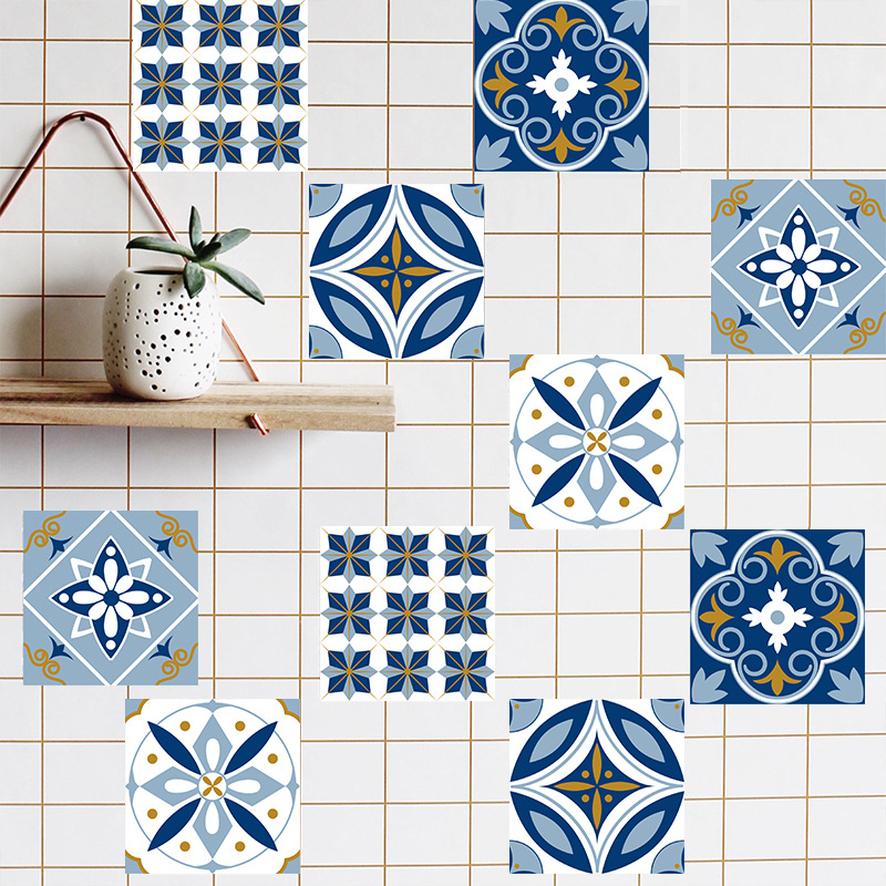跨境产品瓷砖贴厨房地板墙面贴浴室家居装饰瓷砖蓝白花纹墙贴