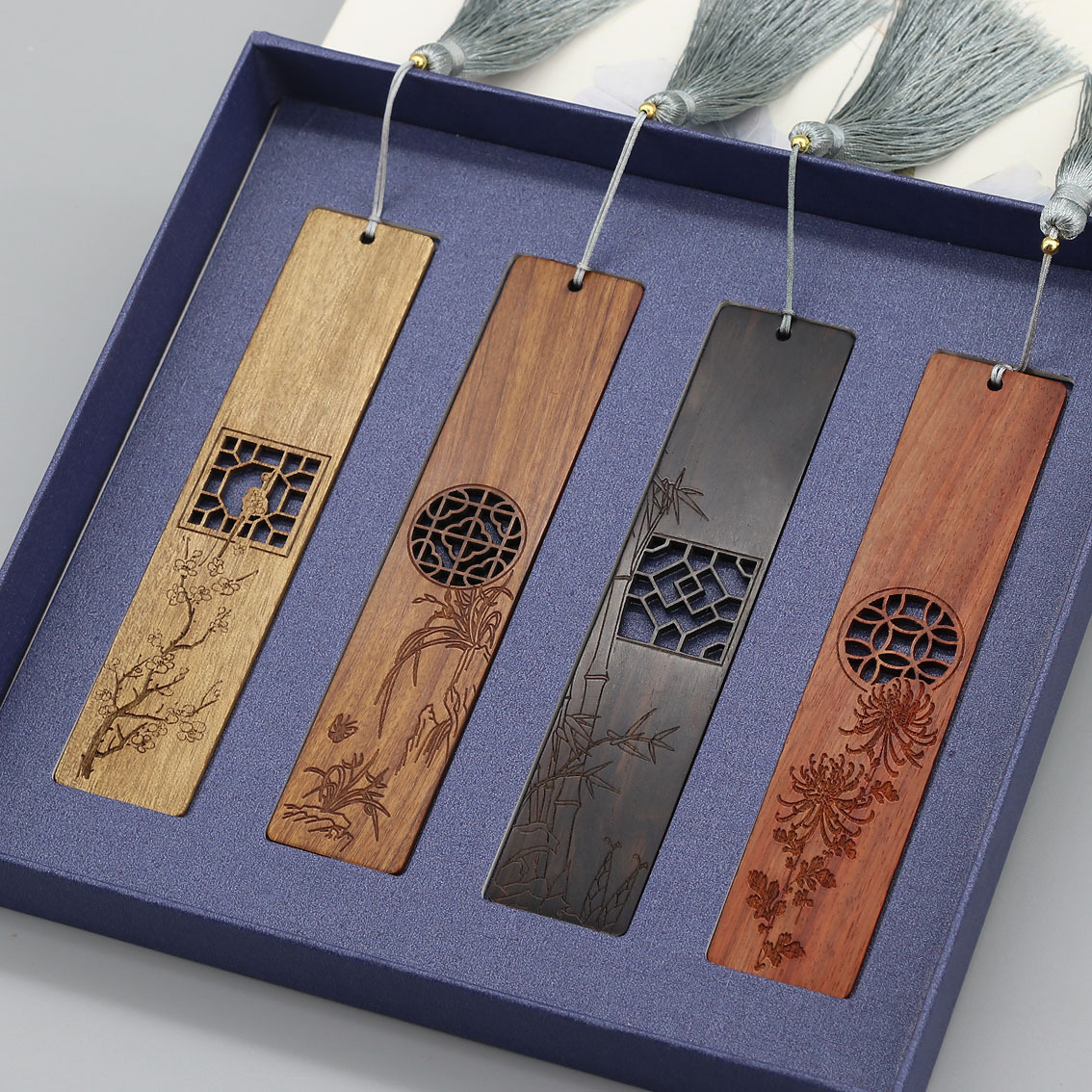 梅兰竹菊红木质木制书签中秋风古典红木竹制流苏古风书签精美礼品