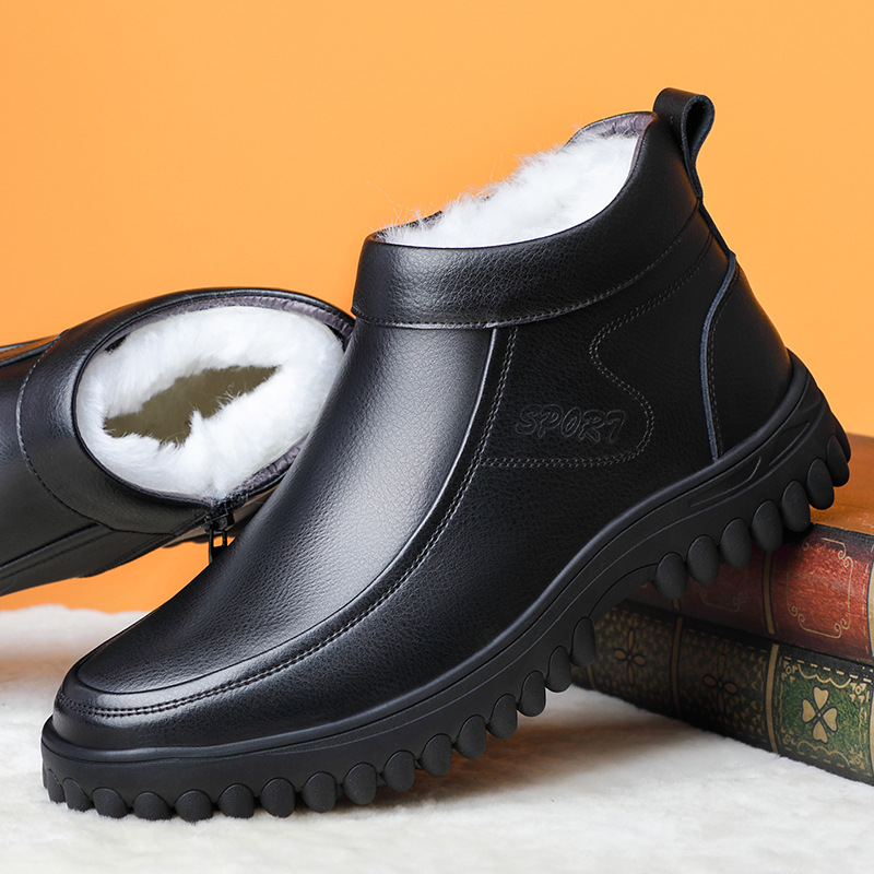 冬季真皮羊毛保暖男士棉鞋高帮加绒皮鞋中老年爸爸4546加大码男鞋