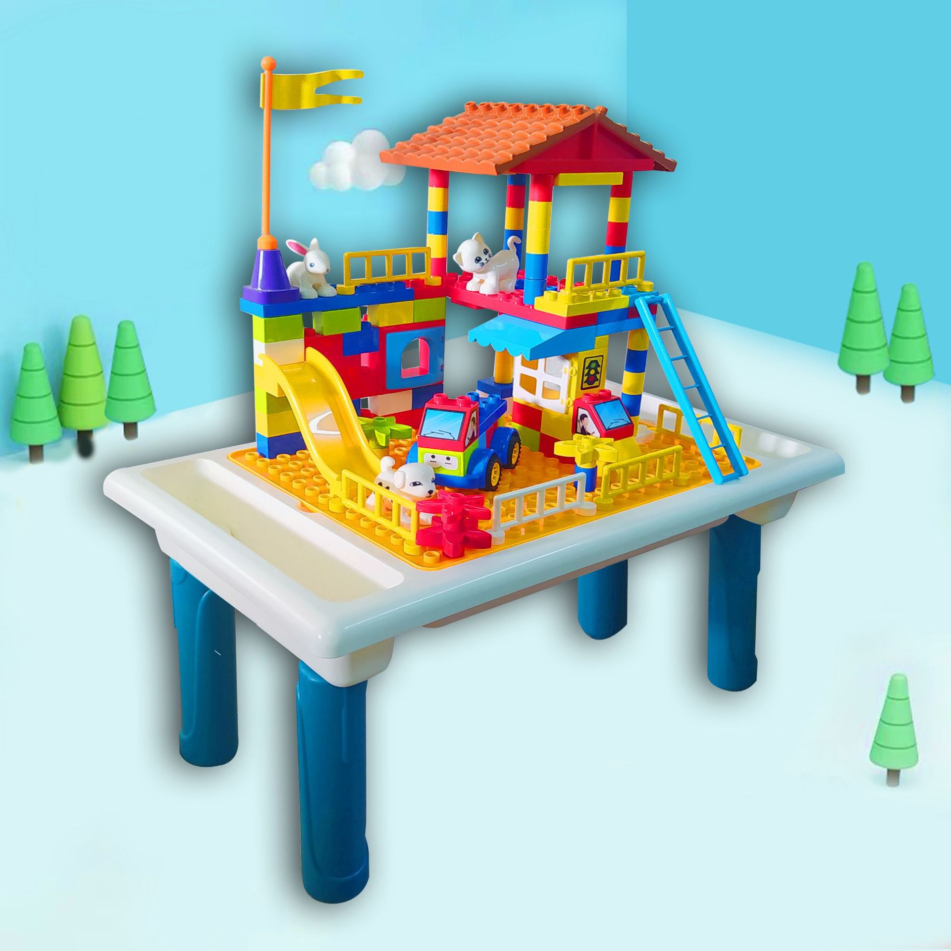 儿童多功能积木桌diy大小颗粒积木拼装创意学习桌男孩益智玩具