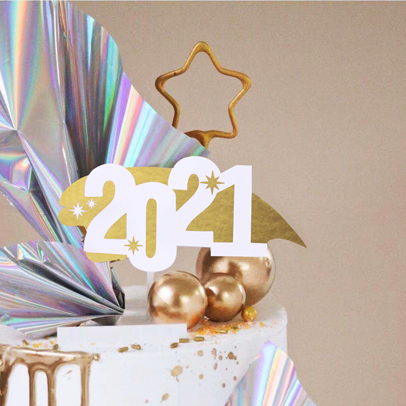 版权产品 烫金hello2021新年插牌 双面镭射纸蛋糕装饰鲜花包装