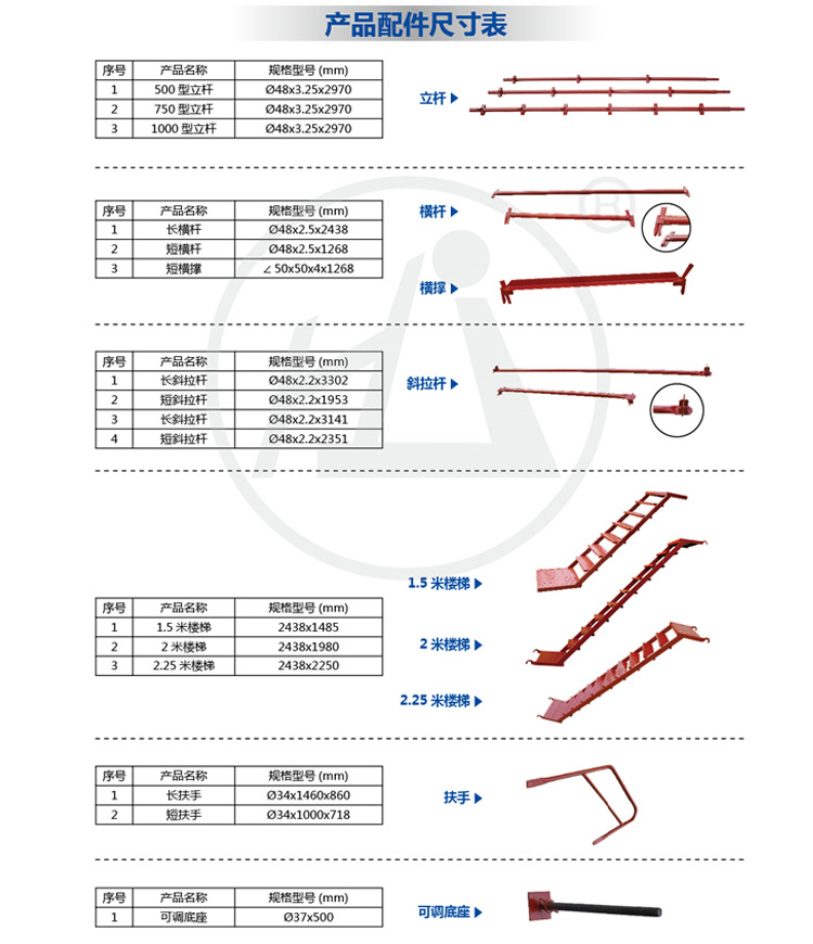 横杆,横撑,楼梯,扶手,踏板,斜拉杆,可调底座,可调上托 注:产品规格