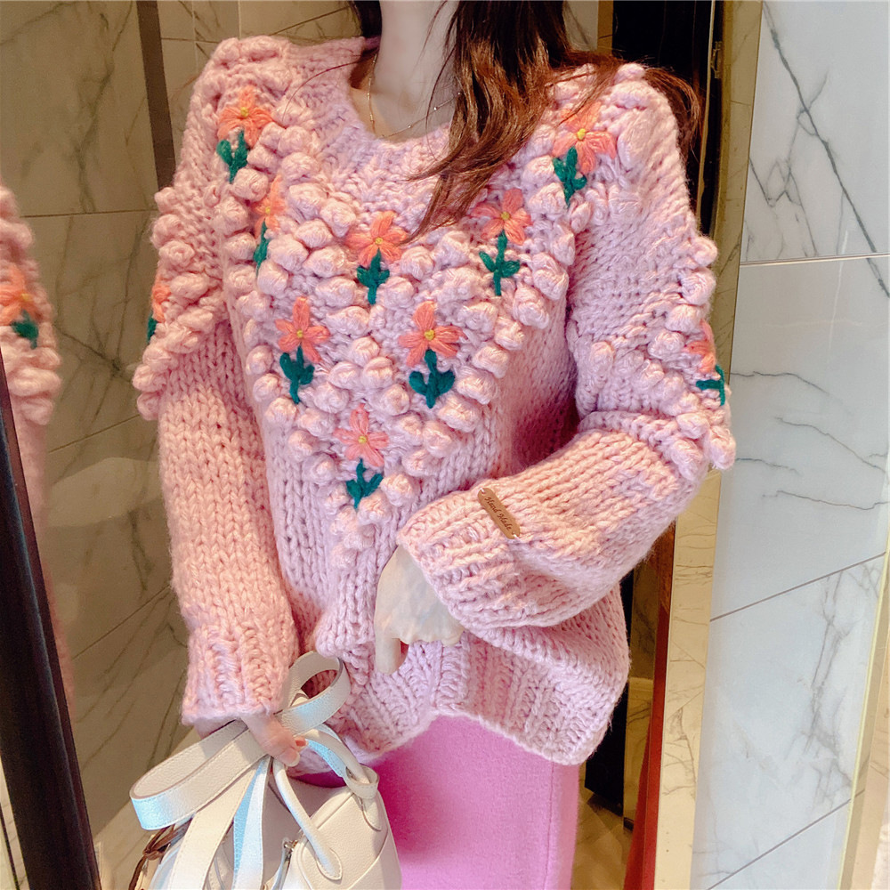 2022早春新款甜美粉红色手工花朵球球棒针毛衣/4