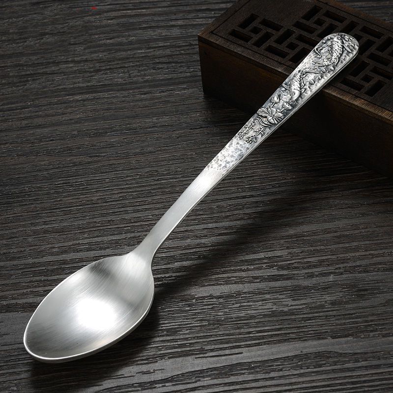 足银999银勺子 仿古做旧银调羹汤勺银餐具重约约54克