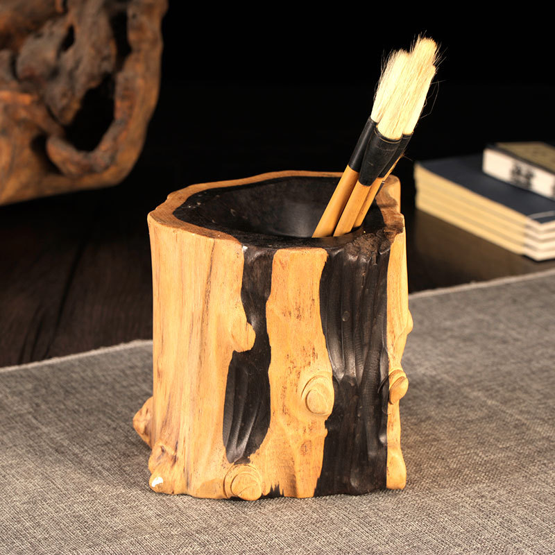 木制笔筒收纳盒创意摆件复古办公用品简约装饰黑檀木笔筒实木根雕