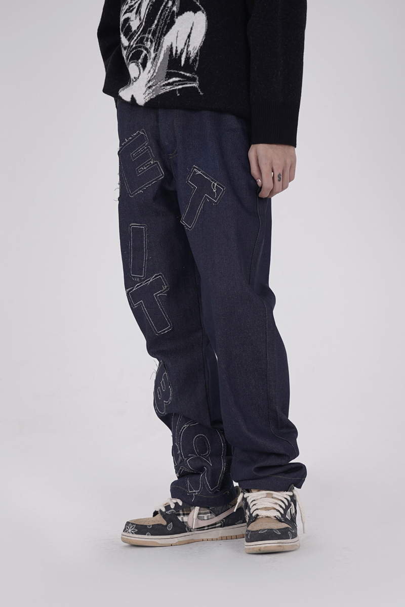 国潮街头英文字母刺绣牛仔裤男直筒宽松嘻哈痞帅潮牌百搭休闲长裤